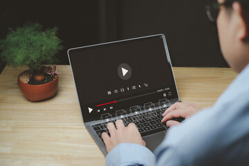 Content creators use lab top to touch the screen as if it were real. manage documents online on the...