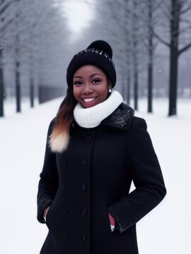 A beautiful African American woman standing outside in the snow. Image created using Generative AI. 