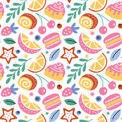 Naklejka premium Desserts hand drawn seamless pattern, doodle ornament of pastry, sweet food icons, vector illustrations of macaron, cinnamon bun, cookie on white background, colored pattern for bakery, baking