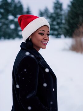 A beautiful African American woman standing outside in the snow. Image created using Generative AI. 