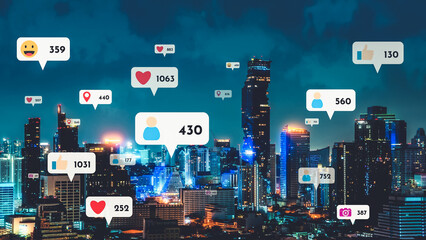 Social media icons fly over city downtown showing people reciprocity connection through social...