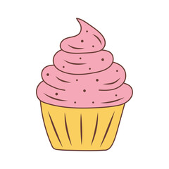 Cupcake with whipped cream isolated on white background. Birthday, celebration, holiday, party concept. Hand drawn doodle illustration.