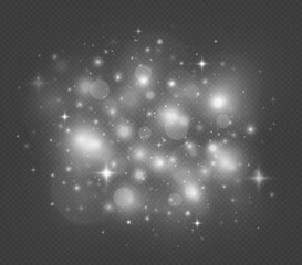 Sparkling magical dust particles. Glowing light effect with many glitter particles isolated on transparent background. Christmas abstract pattern.