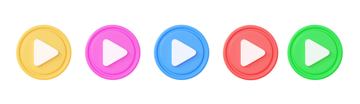 Play button 3d render icon set - video or music circle with arrow, round sound sign for tv and camera
