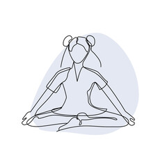Single line drawing of a girl sitting in a yoga pose with abstract shape background. Doodle illustration of relaxing workout.