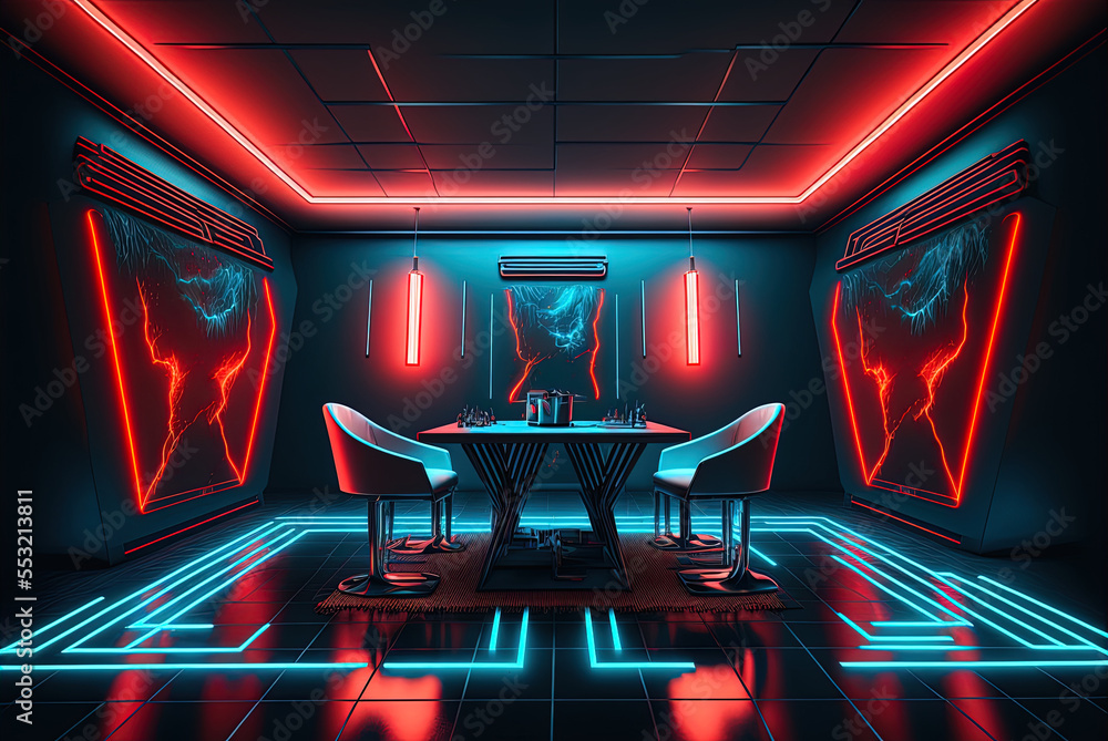 Poster the raster image depicts a dark, foreboding room with tables, chairs, a carpet, and a floor covered 