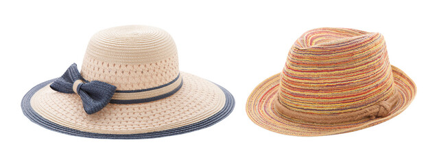 Straw hats with ribbon and bow on white background. Set beach hats summer accessory closeup top view isolated