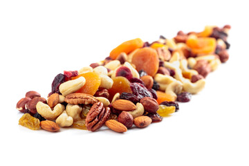 Mix of nuts and dried fruits isolated on a white background.