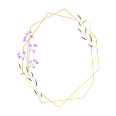 Gold geometric frame with flowers and leaves in watercolor style. Luxury polygonal frame for decoration valentine's day, wedding invitations, greeting cards. Vector, png on transparent background