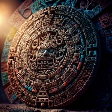 Stone Mayan Aztec Calendar in Realistic Detailed Illustration. Astronomy Aztec Artifact Design