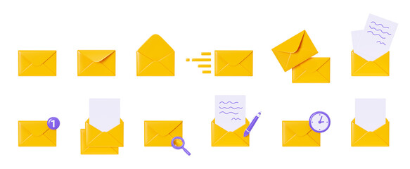 Letter 3d render set - yellow envelope collcetion closed and open with paper isolated on white background.
