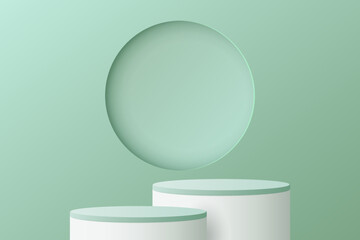 Realistic green and white, 3D cylinder stand podium. Vector luxury geometric forms. Abstract minimal scene for Product presentation, mock up, show cosmetic.