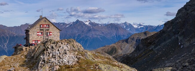 Alpine mountain hut summer panorama