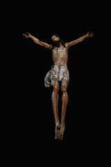 Back view of mighty god of sea and oceans Neptune (Poseidon, Triton). Neptun's trident as symbol strength, power and unrestraint. An ancient wooden statue. © zwiebackesser