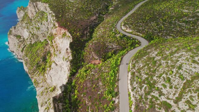 Aerial view of a motorcycle on a beautiful coast road, Zakynthos island, Greece