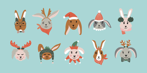 Christmas bundle with cute rabbits in funny hats, scarves, deer horns. Hand drawn characters. Vector Illustration isolated on background.