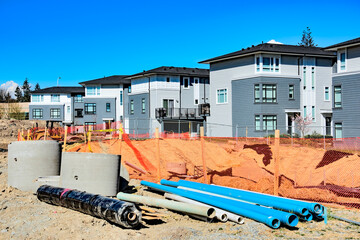 Construction area for a block of new residential townhouses