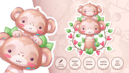 Obraz premium Sticker cartoon character adorable monkey, pretty animal idea for print t-shirt, poster and kids envelope, postcard. Cute hand drawn style monkey.