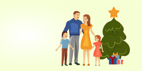 Happy family near the Christmas tree. Vector illustration