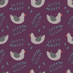 Hand drawn cute bird seamless pattern isolated on purple background.
