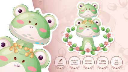Sticker cartoon character adorable frog, pretty animal idea for print t-shirt, poster and kids envelope, postcard. Cute hand drawn style toad.
