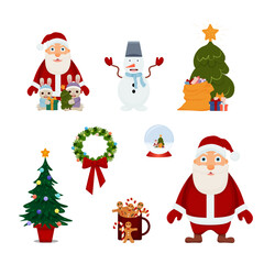 Christmas collection with traditional Christmas symbols. Santa Claus, a glass ball, a gift, a wreath, a snowman, a mug with gingerbread and cocoa, a Christmas tree. Vector.