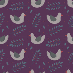 Hand drawn cute bird seamless pattern isolated on purple background.