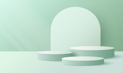 Realistic green and white, 3D cylinder stand podium. Vector luxury geometric forms. Abstract minimal scene for Product presentation, mock up, show cosmetic.