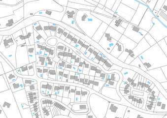 Urbanisme et territoire - rendu 2d plan cadastral d'un lotissement avec limites de parcelles, bâtiments 3d et piscines