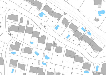 Urbanisme et territoire - rendu 2d plan cadastral avec limites de parcelles, bâtiments 3d et piscines