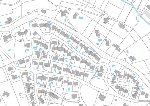 Urbanisme et territoire - rendu 2d plan cadastral d'un lotissement avec limites de parcelles, b&acirc;timents 3d et piscines