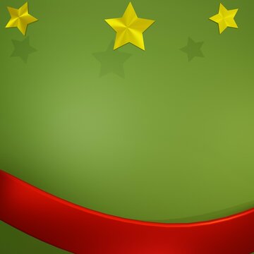 Fondo Verde, Con Listón Rojo Y Estrellas Doradas Para Publicación De Navidad O Tarjeta.