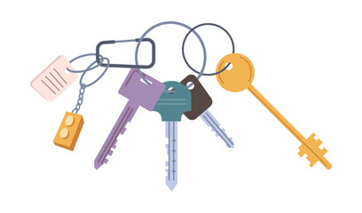 Keys with keychains decorated by pendants or trinkets, flat cartoon illustration. Vector modern keys, open house tool. Home rental, real estate property rent and sale concept