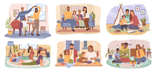 Naklejka premium Family activities at home, parents children spend time in sitting-rooms together. Vector illustration of people rest during playing game in apartment. Home activities and entertainment, board games