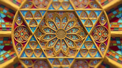 Kaleidoscope mandala abstract background mysterious art geometry, visual futuristic symmetry ornate design shapes 3D optical illusion.