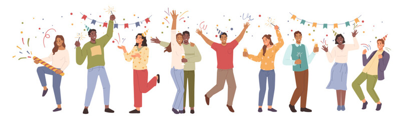 Obraz premium Men and women celebrating holidays together, partying, cheering and dancing. People communicating and laughing. Flat cartoon character, vector illustration