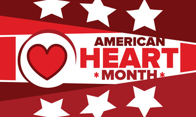 American Heart Month in United States. Celebrate annual in February. Nationwide problem of heart and blood vessel diseases. Medical healthcare concept. Support and protection campaign. Vector poster