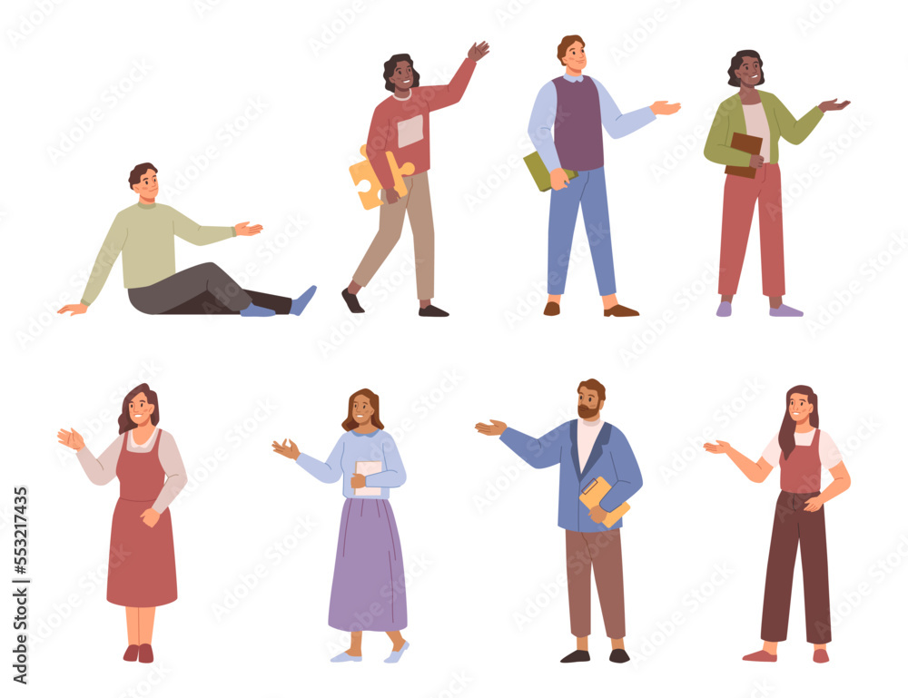 Poster people show presentation, promotion, advertisement concept. happy people man and woman pointing at s