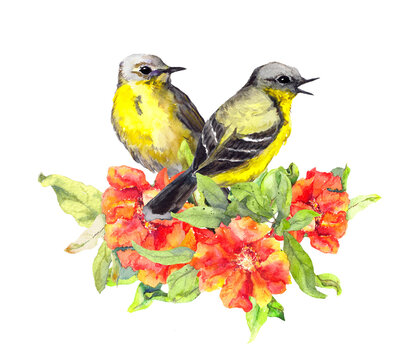 Two beautiful birds couple in red spring flowers bouquet. Watercolor floral bird love - romantic illustration for Valentine card design
