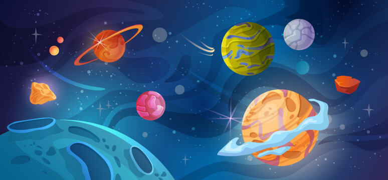 Cartoon space landscape, flat cartoon illustration. Cosmic planet surface, futuristic celestial bodies, galaxy stars and comets view. Cosmic space with craters at night, colorful comic planets