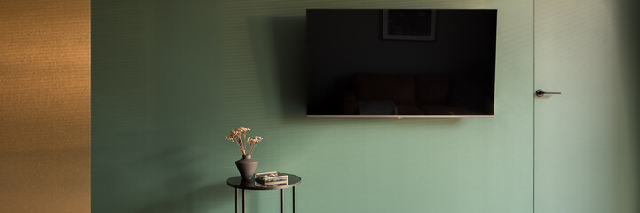 Unique design in tv room with green and gold wall, panorama