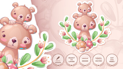 Sticker cartoon character adorable bear, pretty animal idea for print t-shirt, poster and kids envelope, postcard. Cute hand drawn style bear.