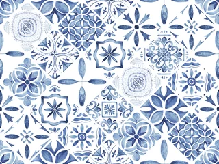 Papier peint Portugal carreaux de céramique Portuguese ornamental Azulejo ceramic. Blue and white watercolor.