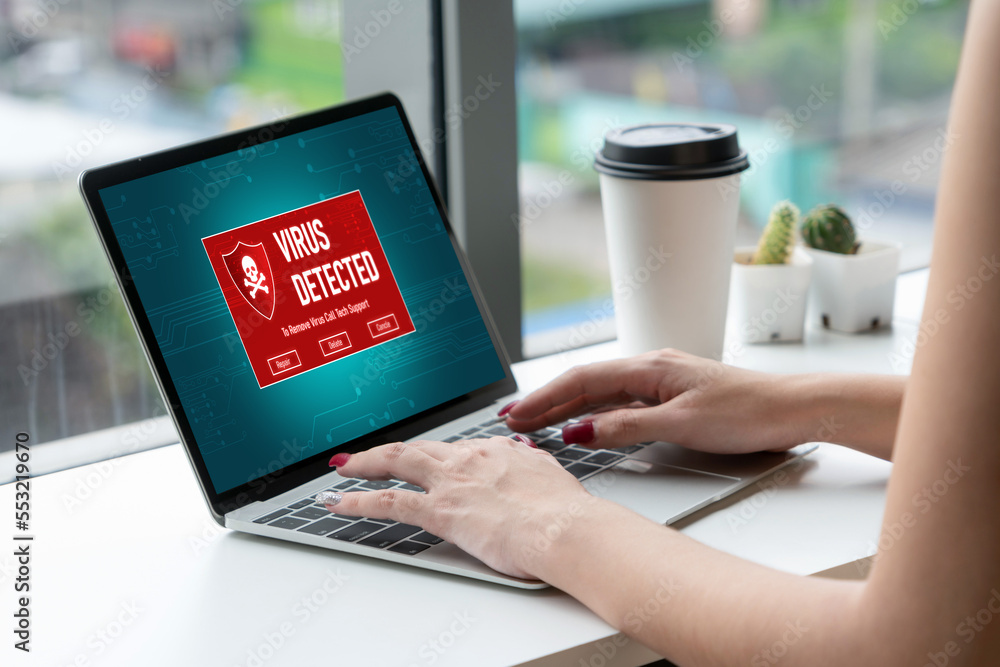 Poster virus warning alert on computer screen detected modish cyber threat , hacker, computer virus and mal