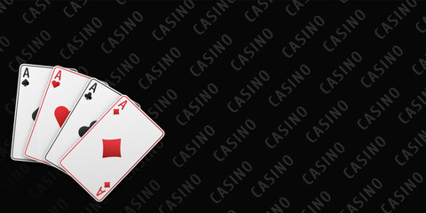 A fan of playing cards consisting of four Ace of Spades, Diamonds, Clubs, Hearts. Vector illustration poker and casino of all the aces on a table black background.