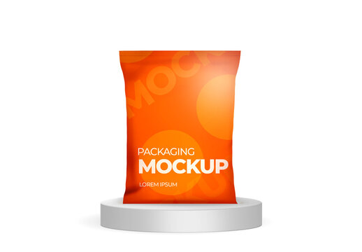 Foil packaging mockup over podium on white background