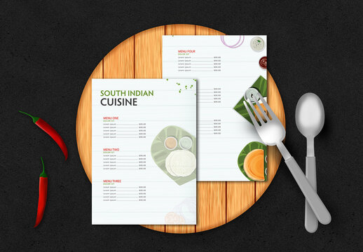 South indian cuisine brochure or template menu card with cutlery on wooden texture