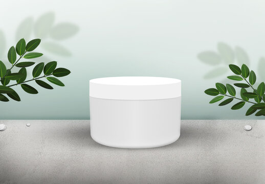 Product container with green leaves for business promotion, presentation and advertisement purpose on grey and green background