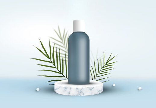Product bottle over podium with green leaves for business promotion, presentation and advertisement purpose on glossy blue background