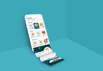 Mobile with food app long scroll screen on blue background for business promotion, advertisement and presentation